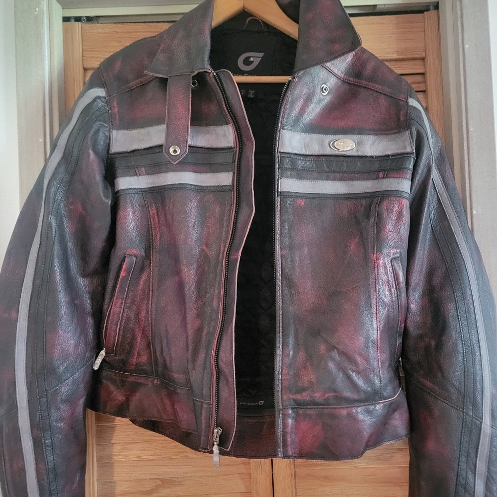 Black and Red Leather Motorcycle Jacket with Quilted Details